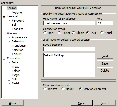 PuTTY Session Configuration