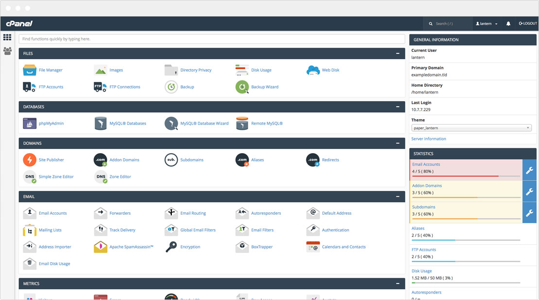 cPanel dashboard